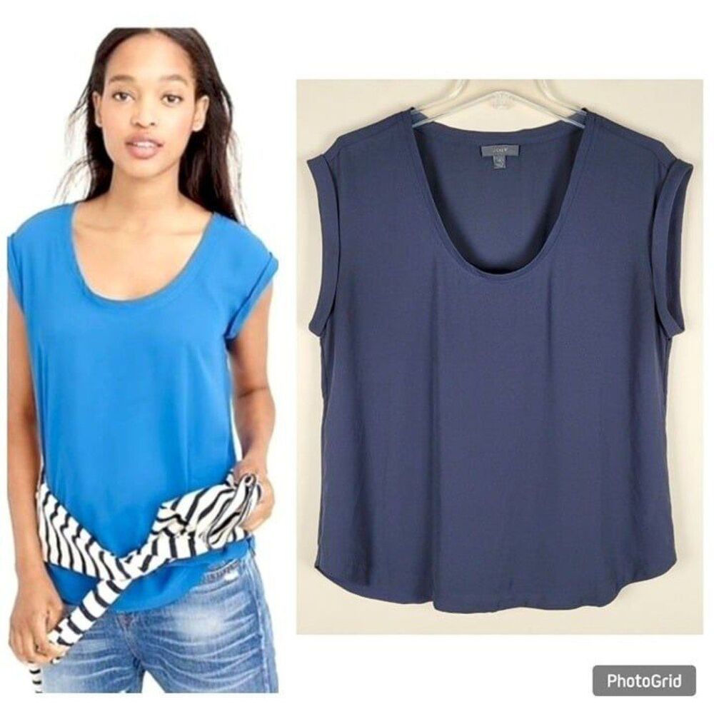 J. Crew Size 14 Polished Scoop Neck Top Short Sleeve Blouse Navy Blue